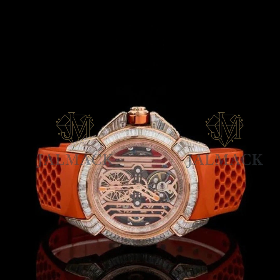 Rose Gold Skeleton Baguette Moissanite Automatic Watch