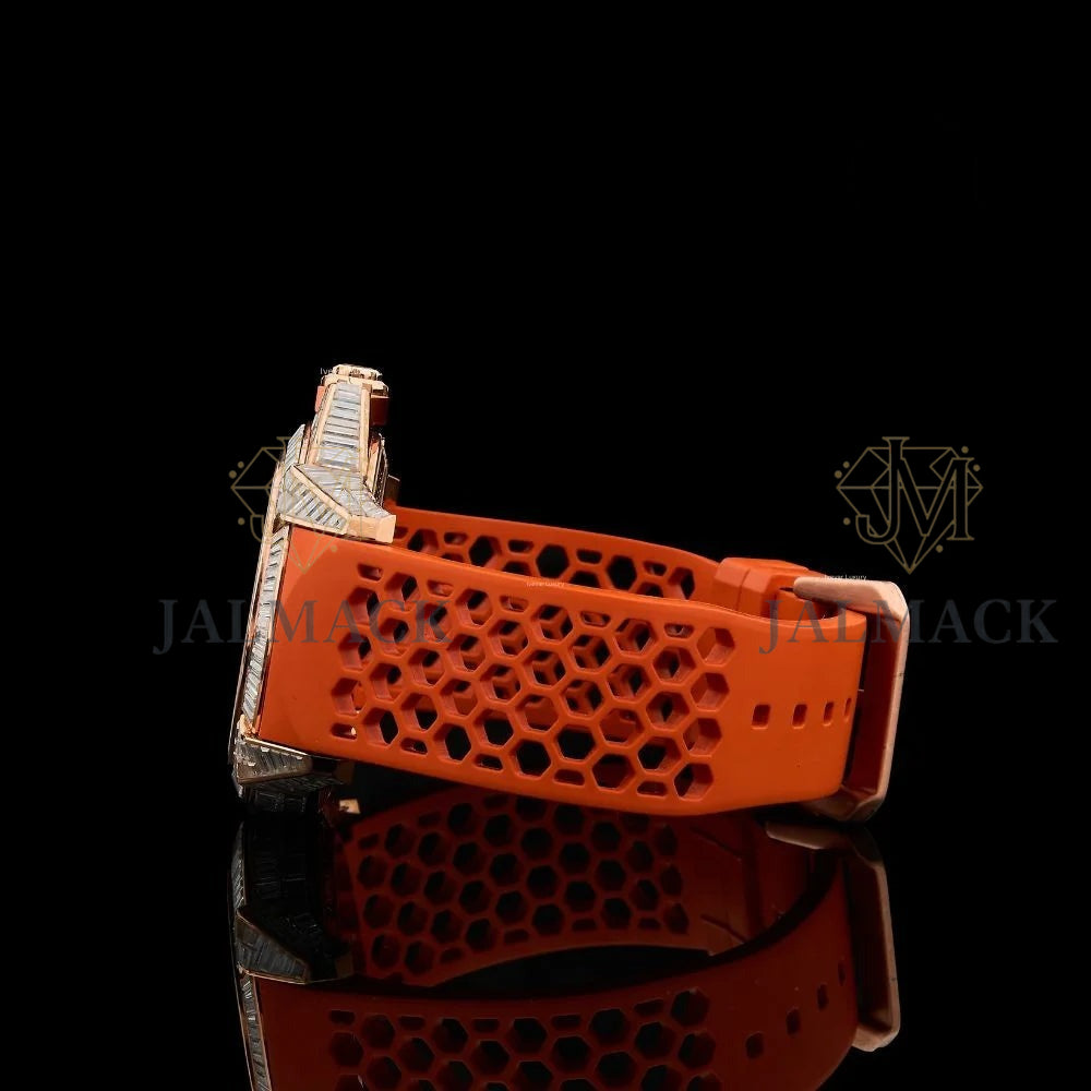 Rose Gold Skeleton Baguette Moissanite Automatic Watch
