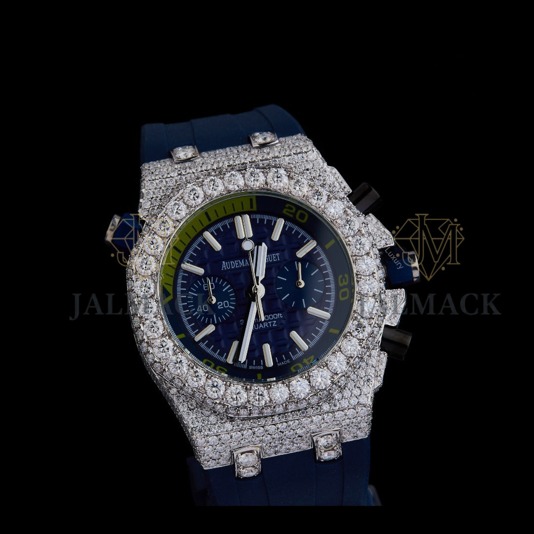 Blue Dial Fully Iced Moissanite Chronograph Watch