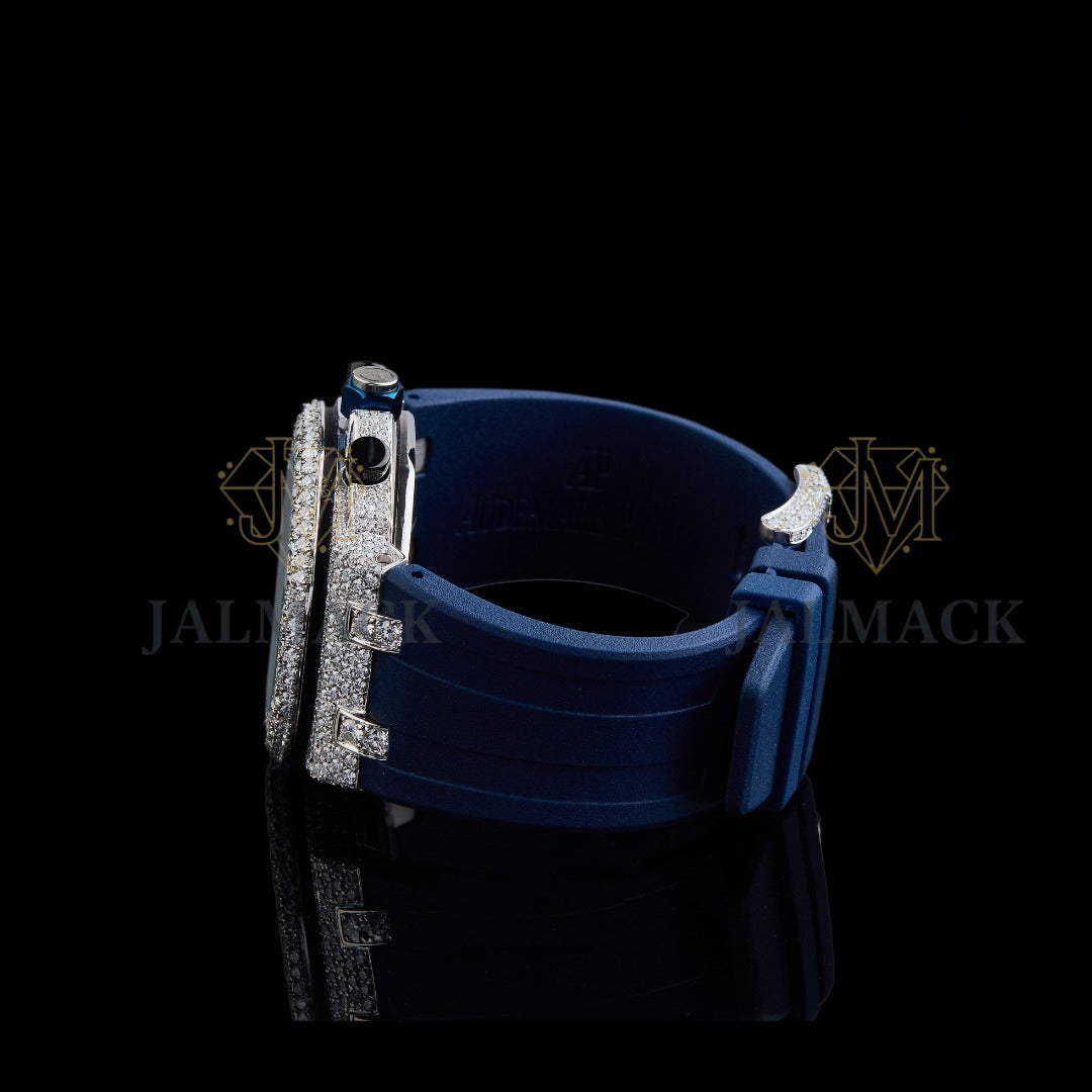 Blue Dial Fully Iced Moissanite Chronograph Watch