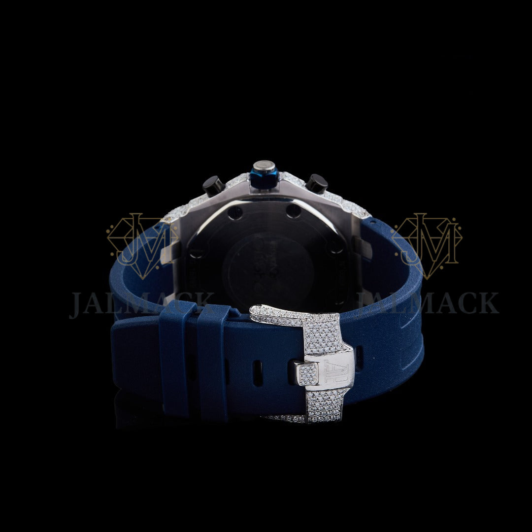 Blue Dial Fully Iced Moissanite Chronograph Watch