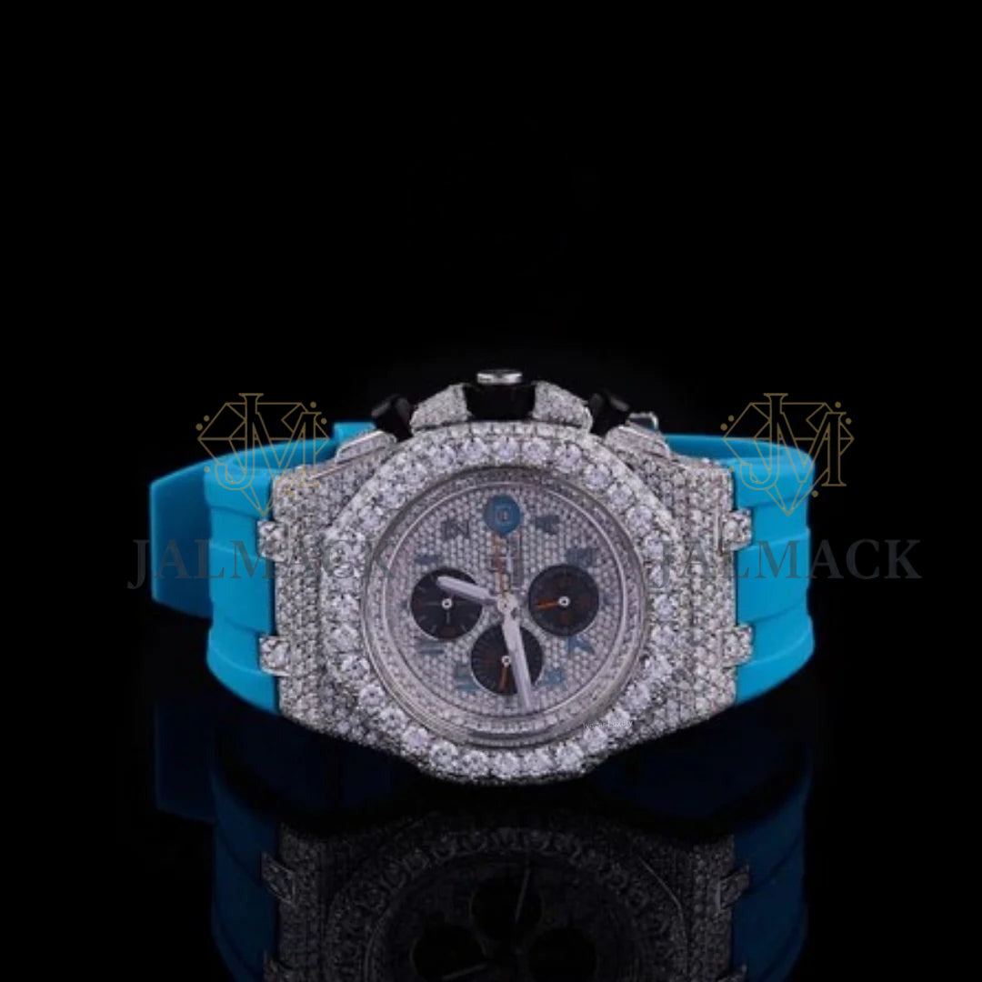 Silver Fully Iced Moissanite Chronograph Watch with Blue Strap