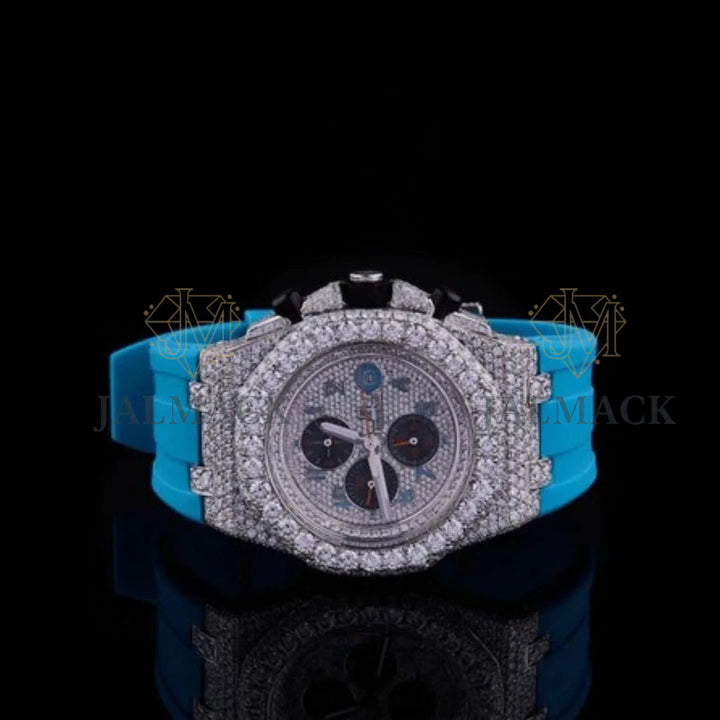 Silver Fully Iced Moissanite Chronograph Watch with Blue Strap
