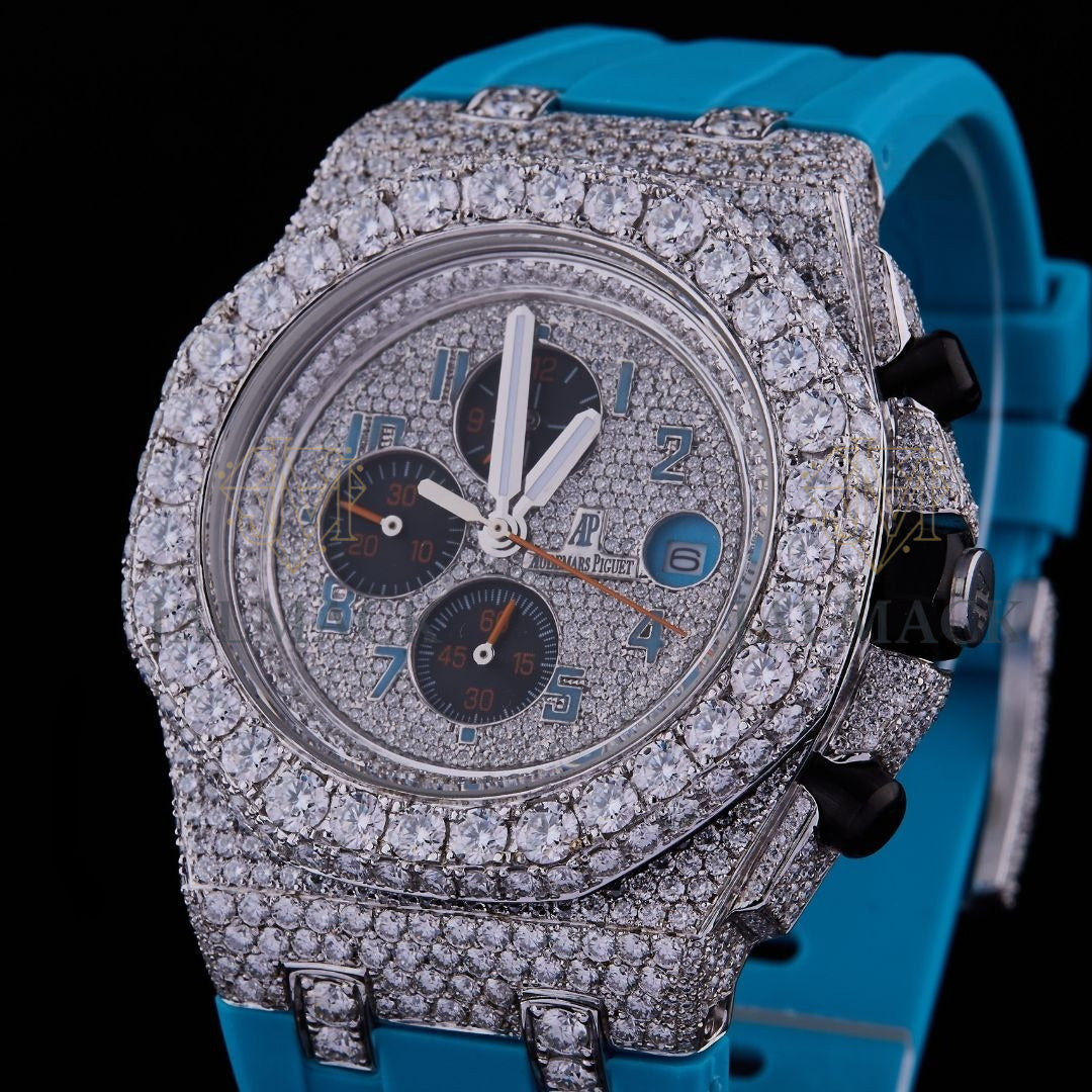 Silver Fully Iced Moissanite Chronograph Watch with Blue Strap
