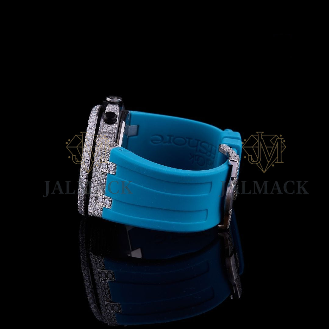 Silver Fully Iced Moissanite Chronograph Watch with Blue Strap