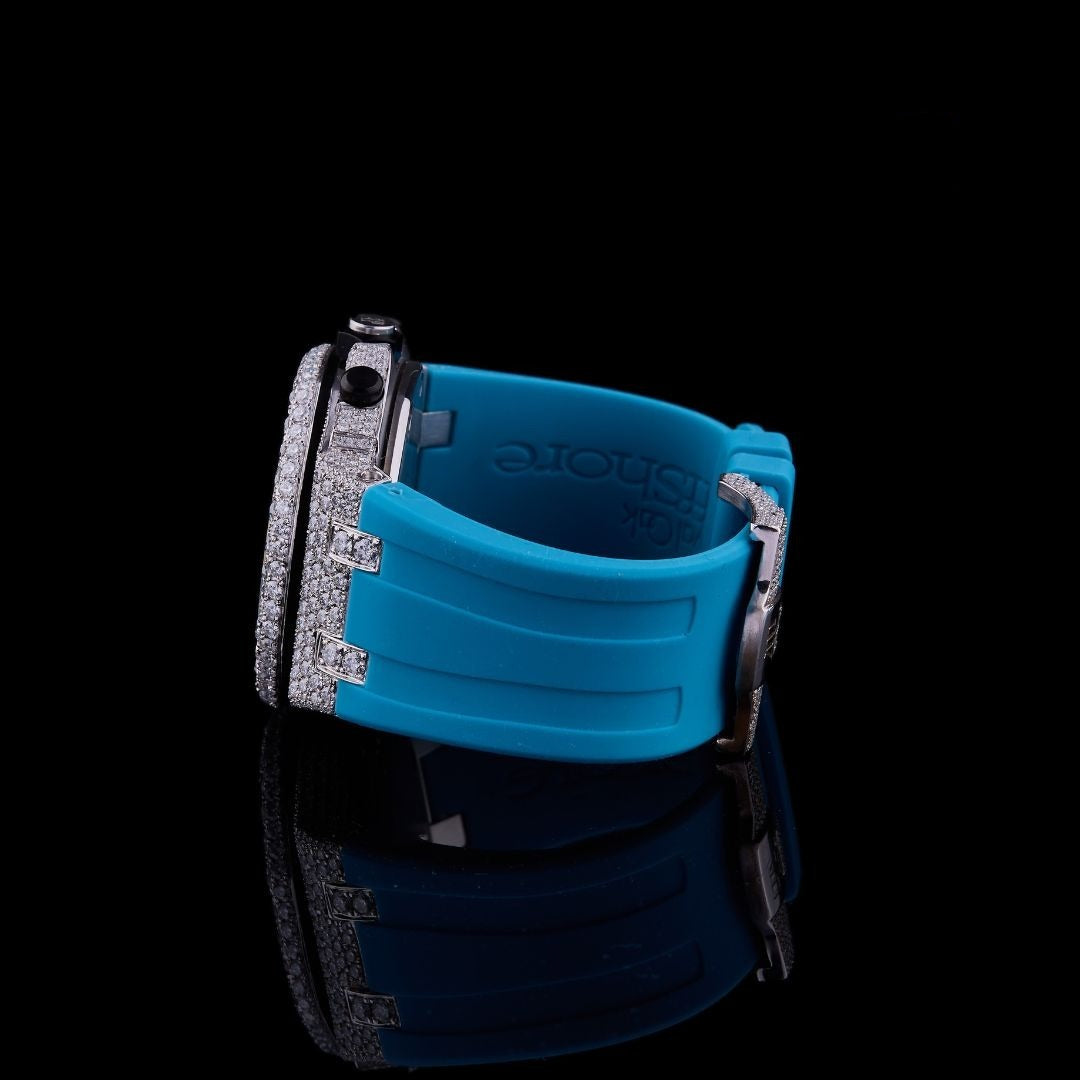 Silver Fully Iced Moissanite Chronograph Watch with Blue Strap