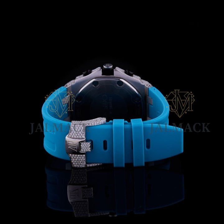 Silver Fully Iced Moissanite Chronograph Watch with Blue Strap
