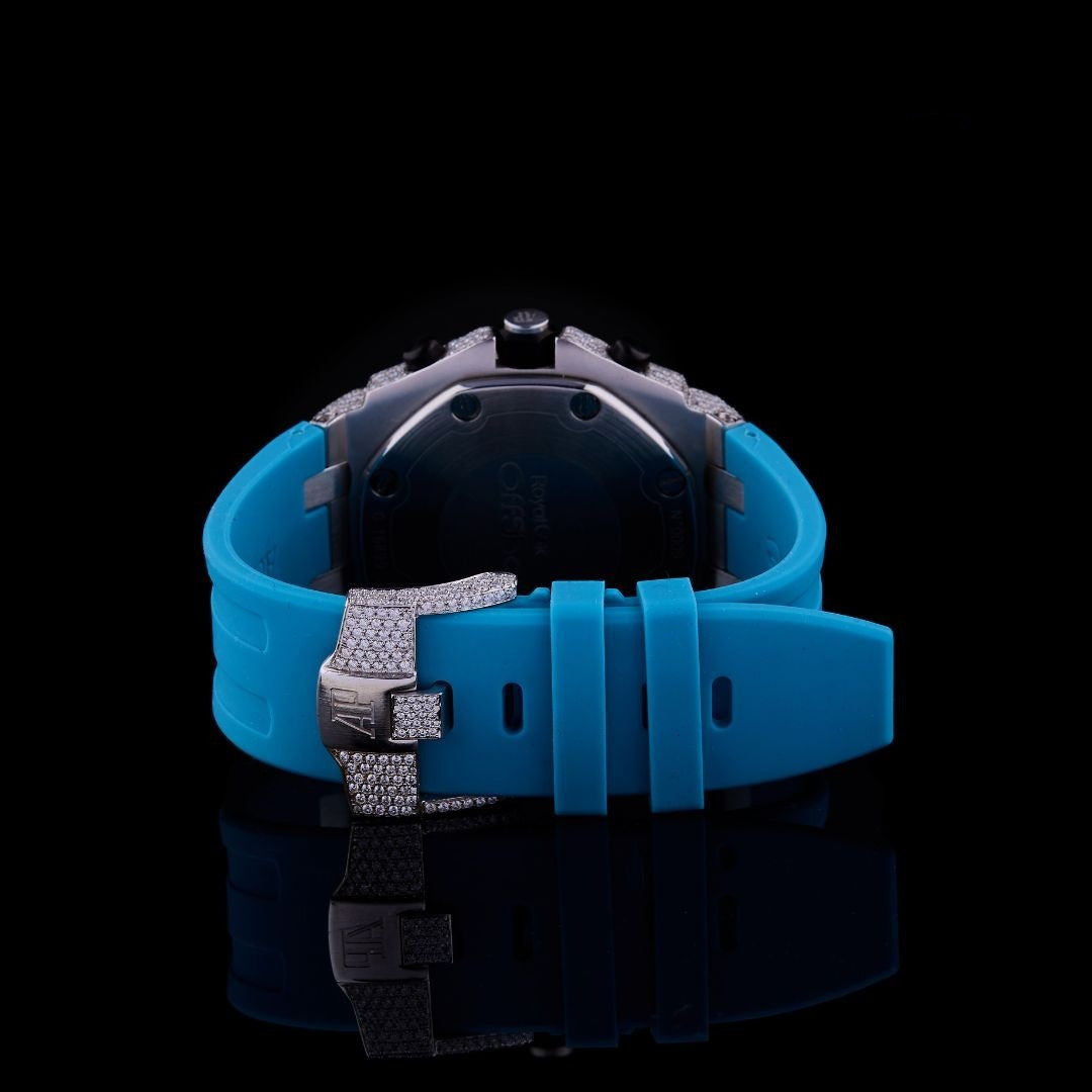 Silver Fully Iced Moissanite Chronograph Watch with Blue Strap