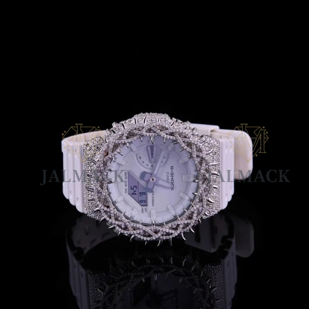 White Dial Spiked Fully Iced Moissanite Sport Watch