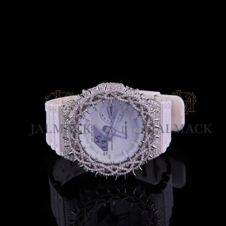 White Dial Spiked Fully Iced Moissanite Sport Watch