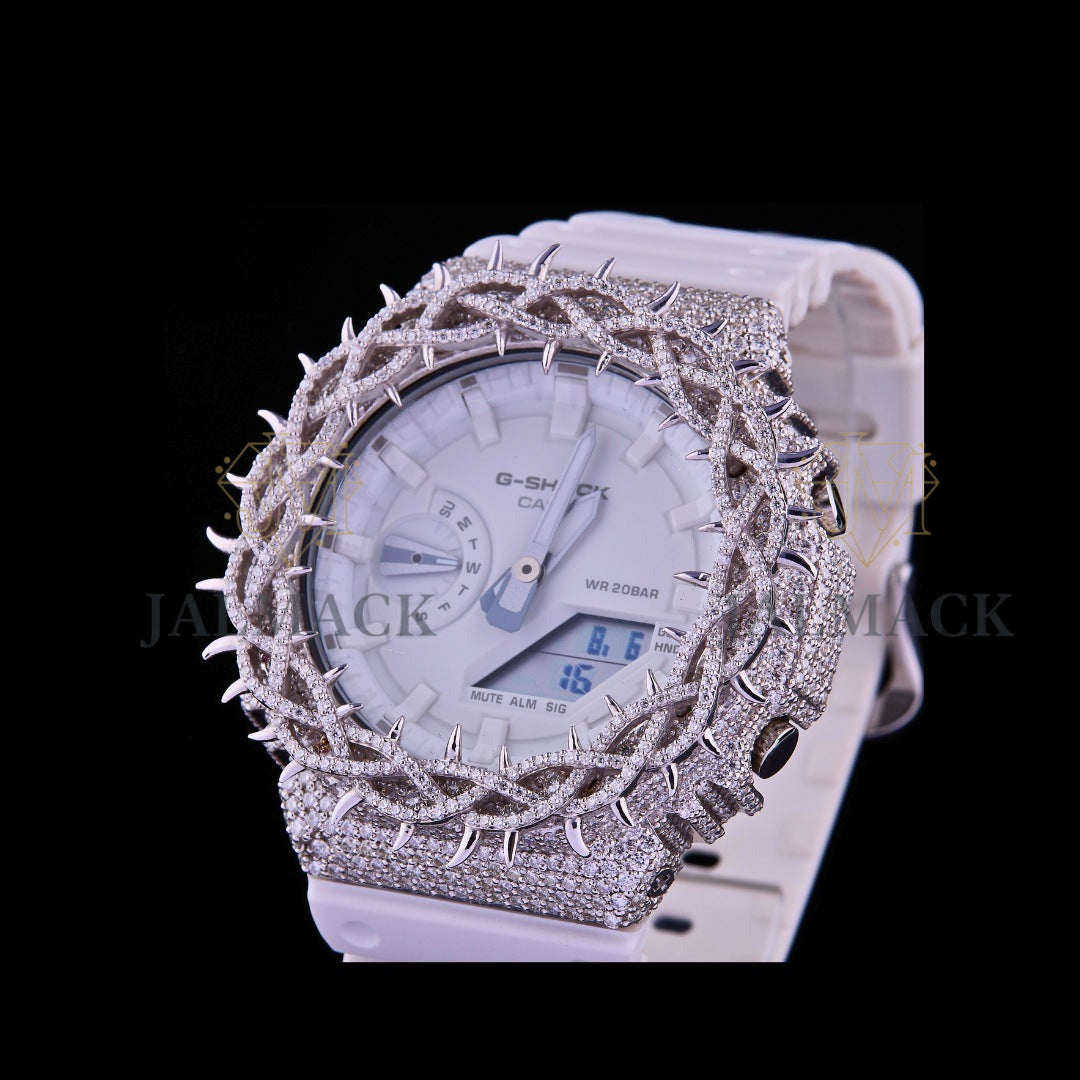 White Dial Spiked Fully Iced Moissanite Sport Watch