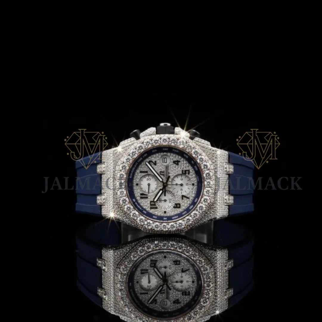 Silver Fully Iced Moissanite Chronograph Watch with Blue Strap