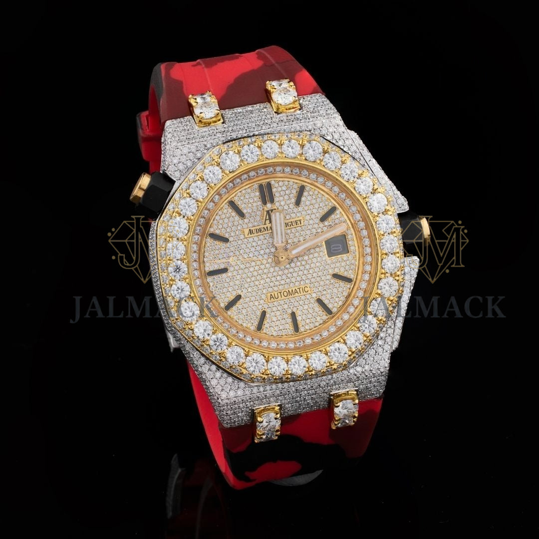 Two-Tone Half Iced Moissanite Automatic Watch Red Strap