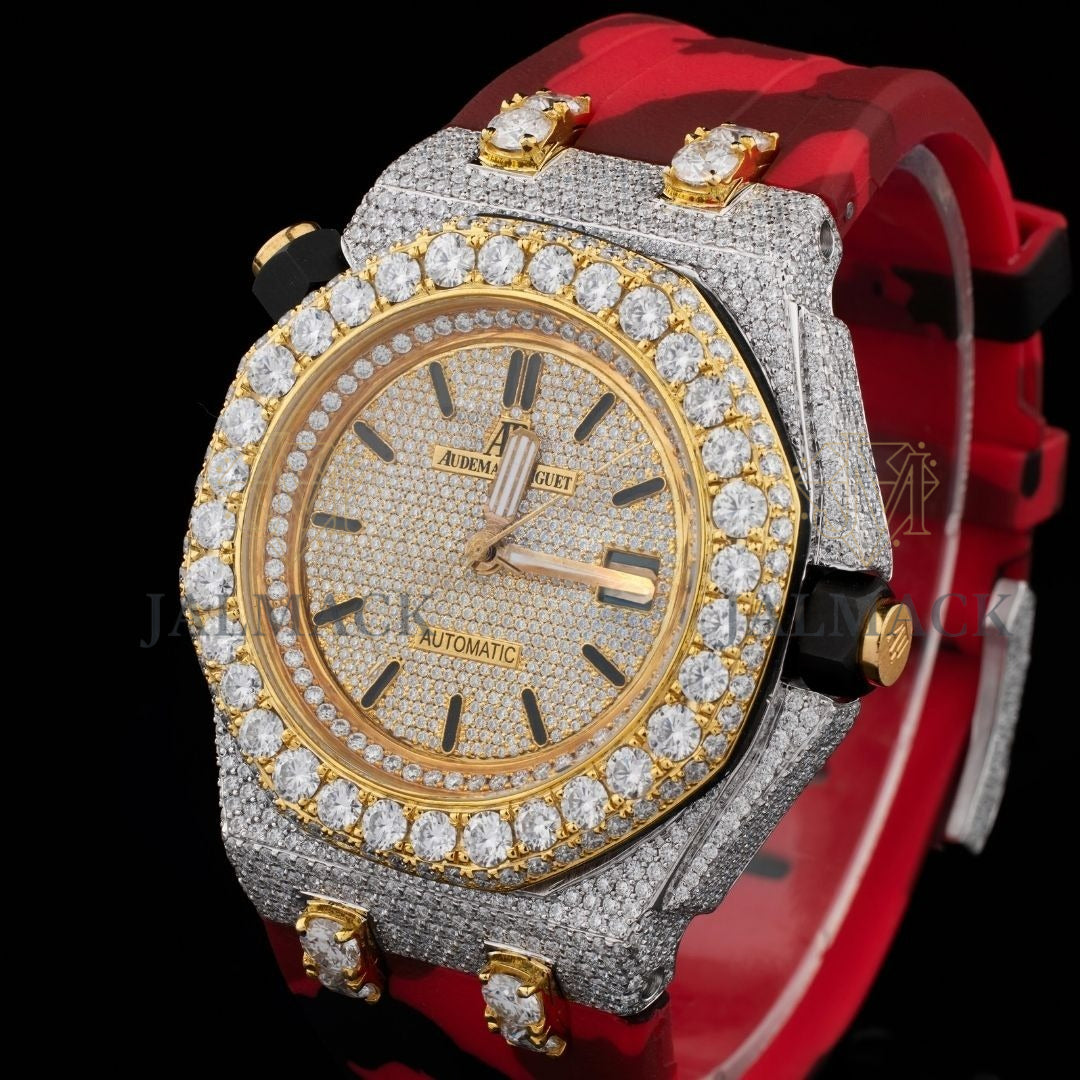 Two-Tone Half Iced Moissanite Automatic Watch Red Strap