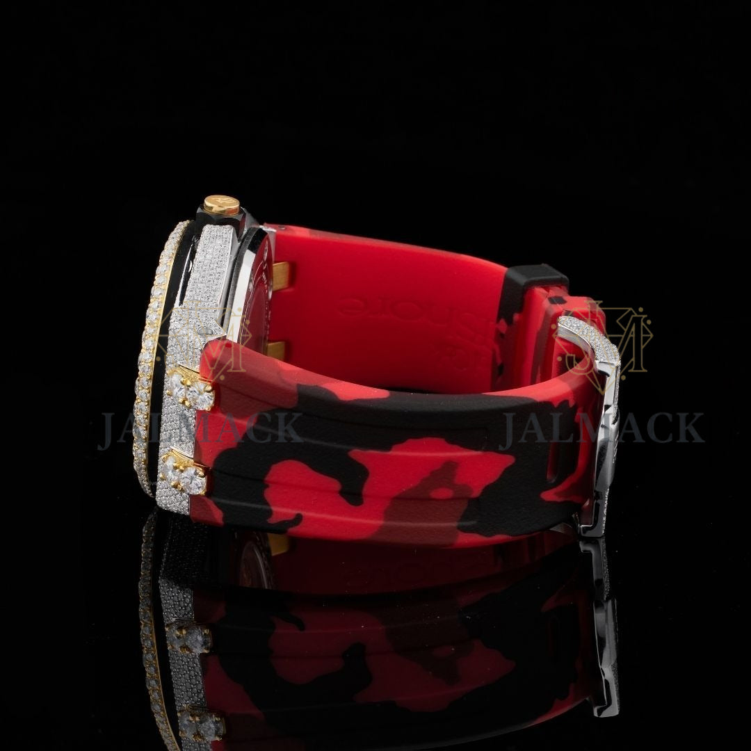 Two-Tone Half Iced Moissanite Automatic Watch Red Strap