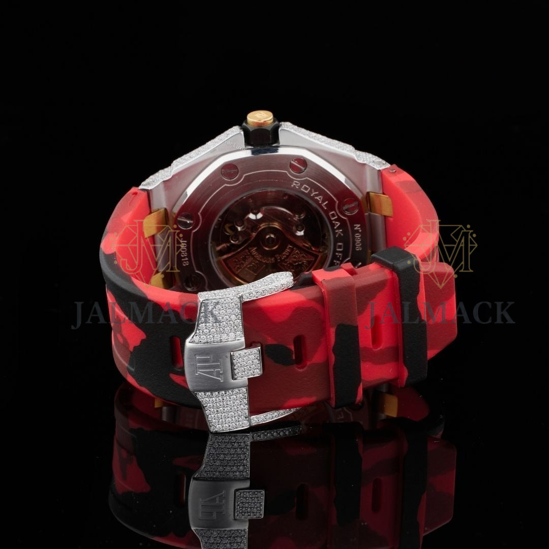 Two-Tone Half Iced Moissanite Automatic Watch Red Strap