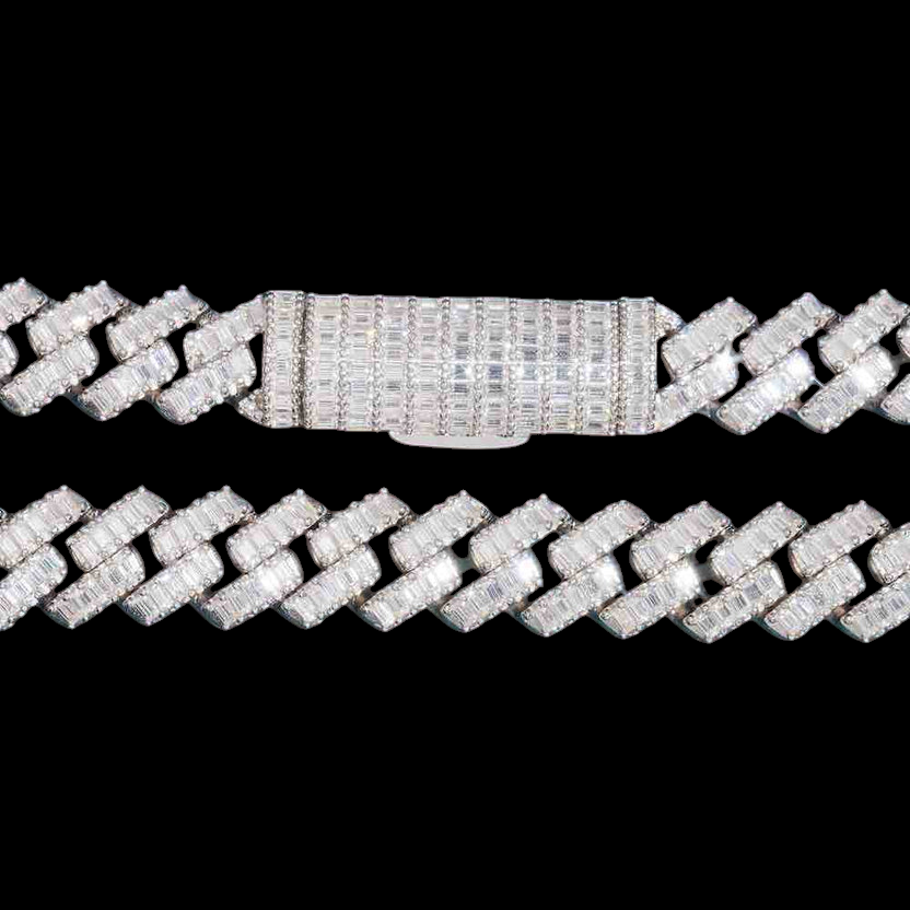 13MM Baguette VVS Moissanite Cuban Link Chain 925 Sterling Silver