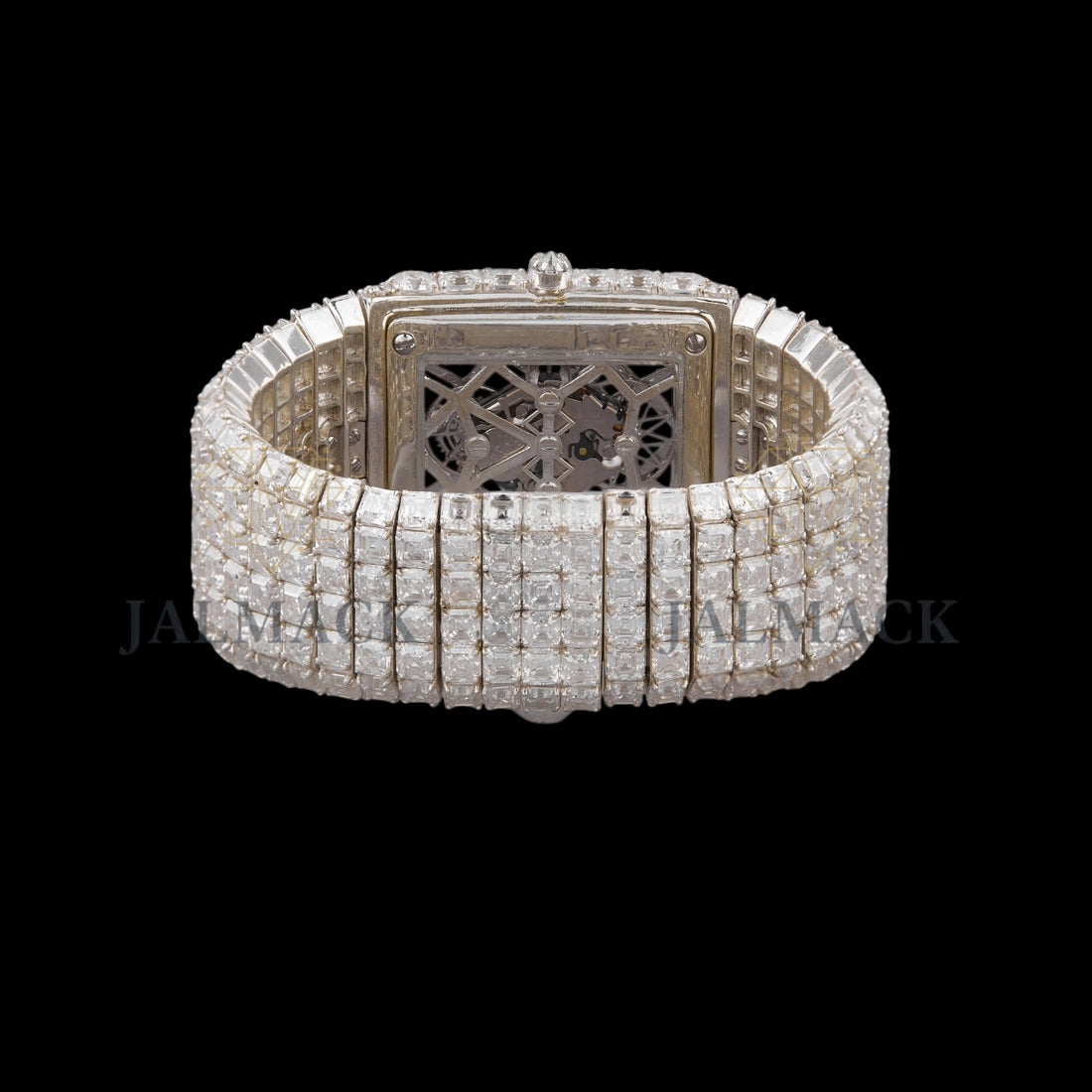 Silver Skeleton Dial Markerless Baguette & Emerald-Cut Moissanite Watch