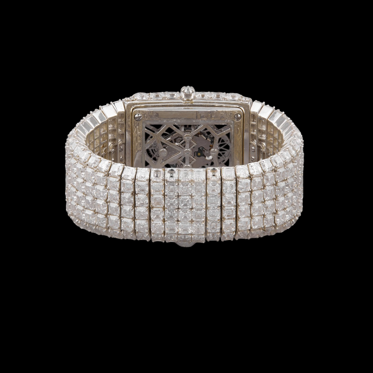 Silver Skeleton Dial Markerless Baguette & Emerald-Cut Moissanite Watch