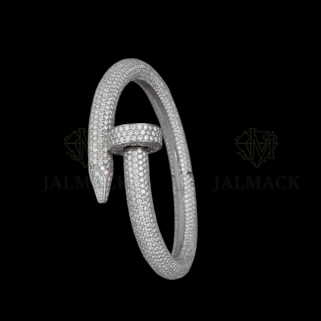 Silver Wide Cuff Moissanite Bangle with Round and Emerald-Cut Stones
