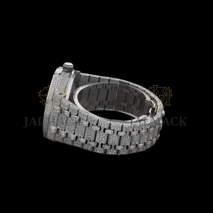 Silver Markerless Dial Baguette & Round Moissanite Automatic Watch