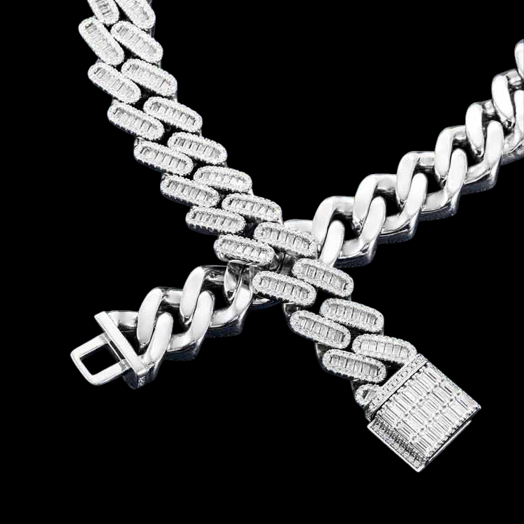 18MM 925 Silver Sparkling Miami Baguette Stone With Moissanite Cuban Link Chain For Jewelry