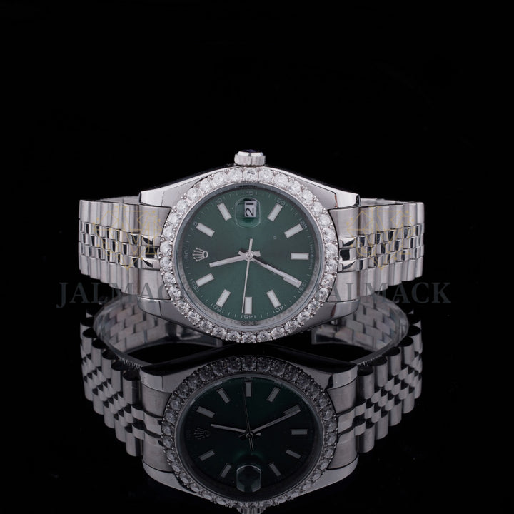 Green Dial Crown Letter Round-Cut Moissanite Bezel Watch