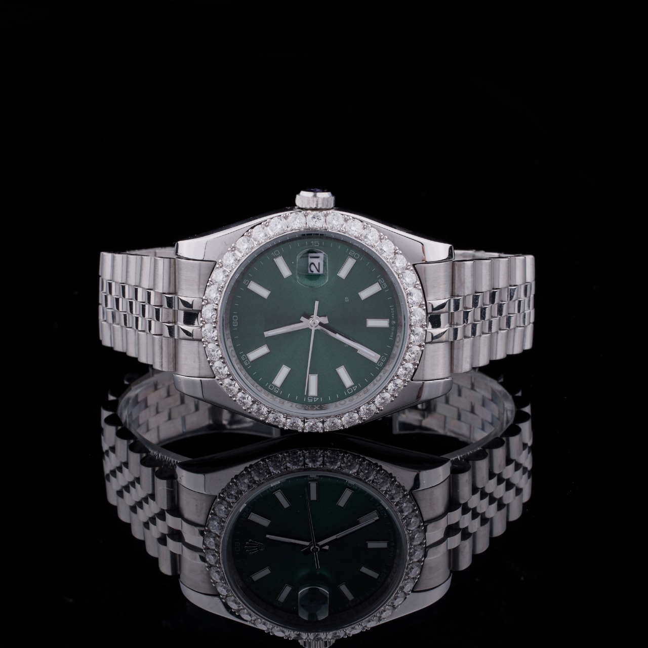 Green Dial Round-Cut Moissanite Automatic Watch