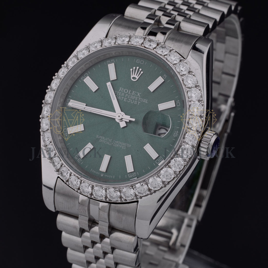 Green Dial Crown Letter Round-Cut Moissanite Bezel Watch