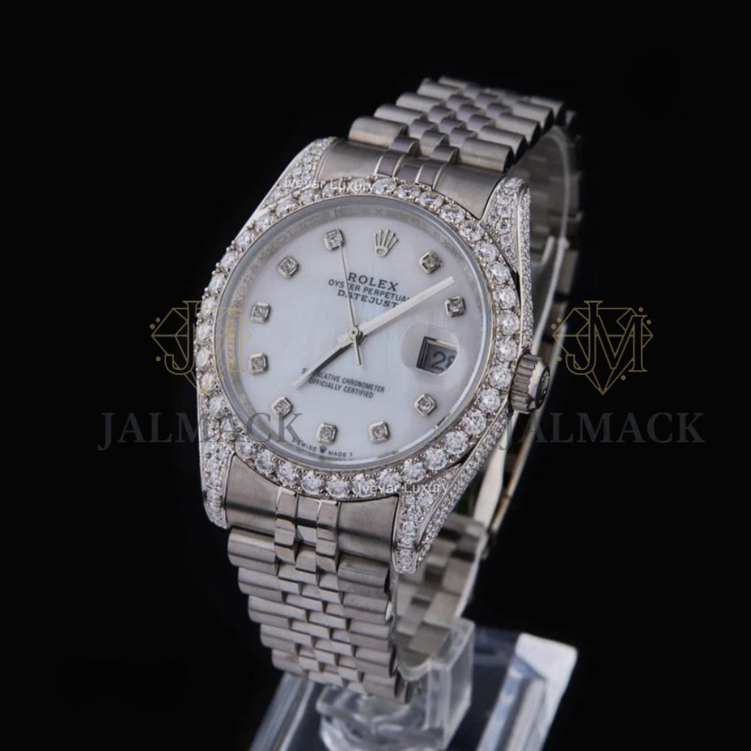 Silver Diamond Marker Round-Cut Moissanite Automatic Watch