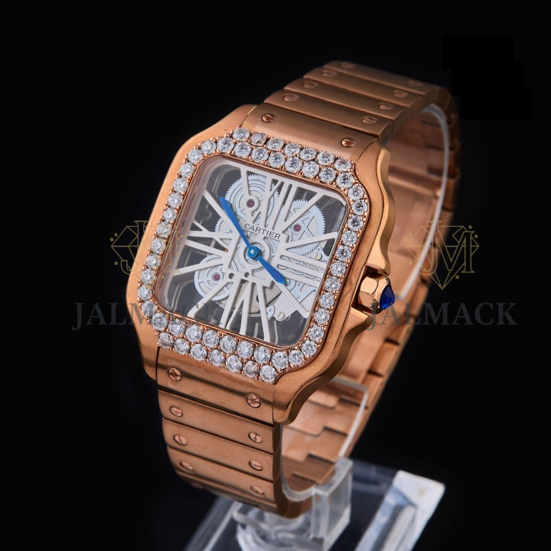 Rose Gold Skeleton Roman Round-Cut Moissanite Automatic Watch