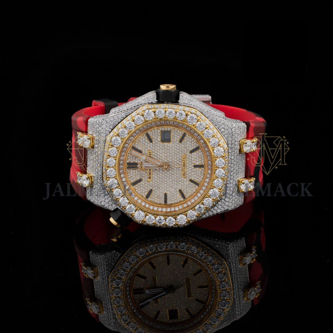 Gold Dial Baton-Marker Round-Cut Moissanite Watch