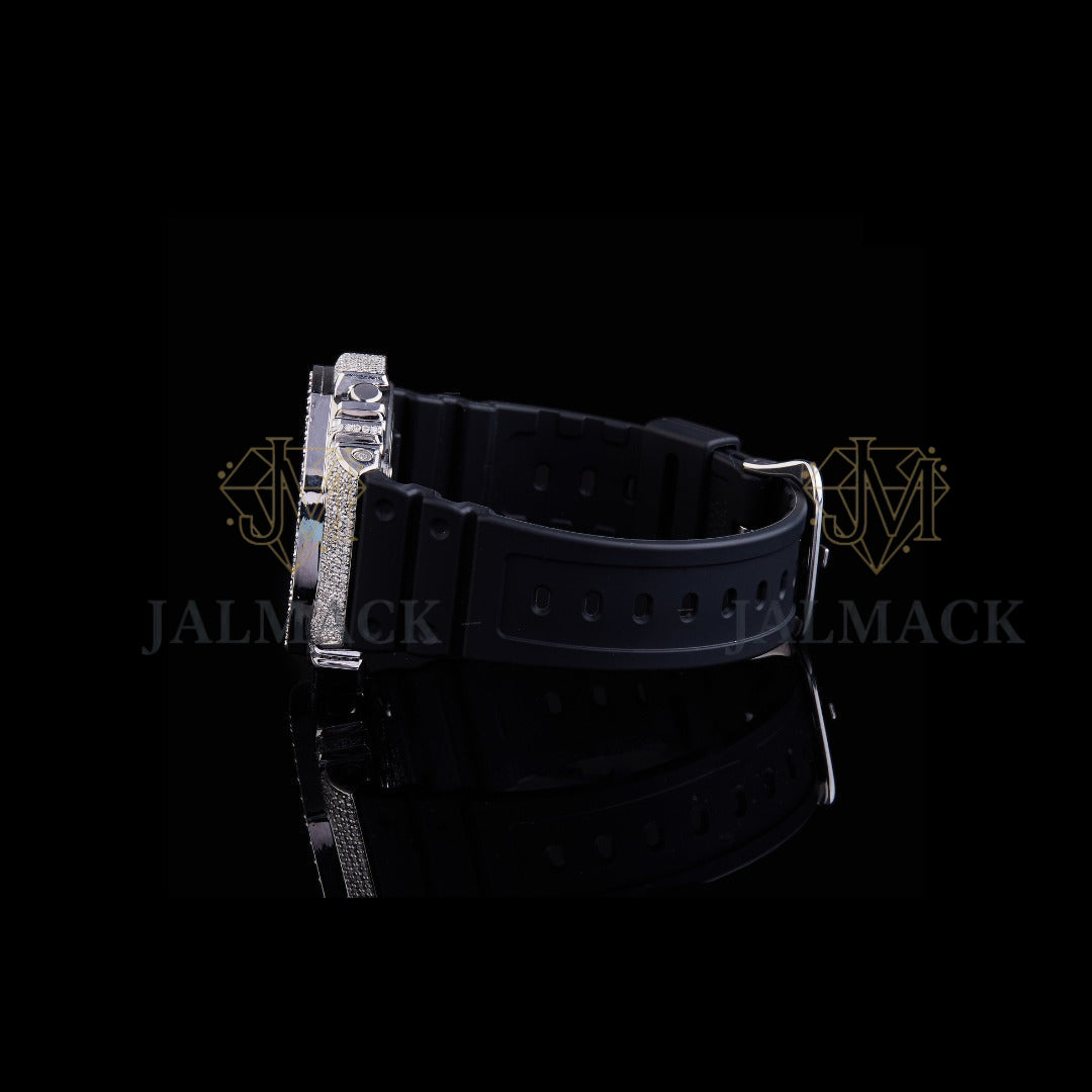Black Dial Baton Marker Round-Cut Moissanite Analog-Digital Watch