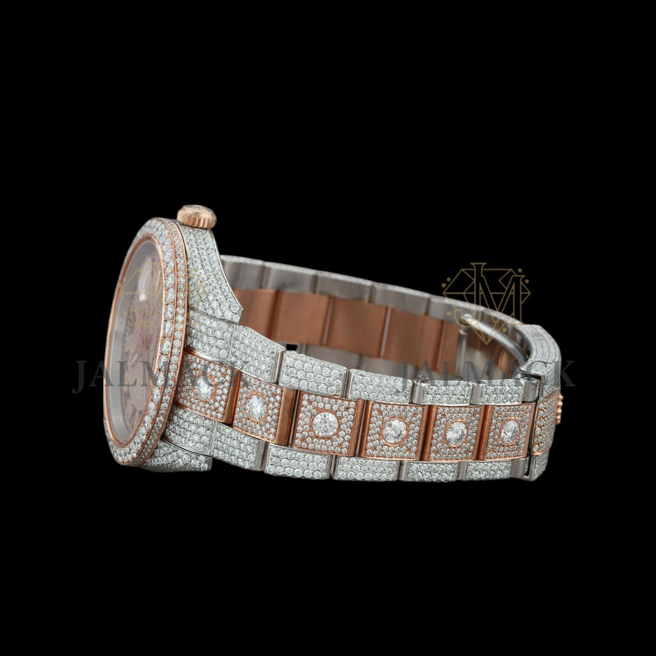 Rose Gold Dial Black Roman Round-Cut Moissanite Watch
