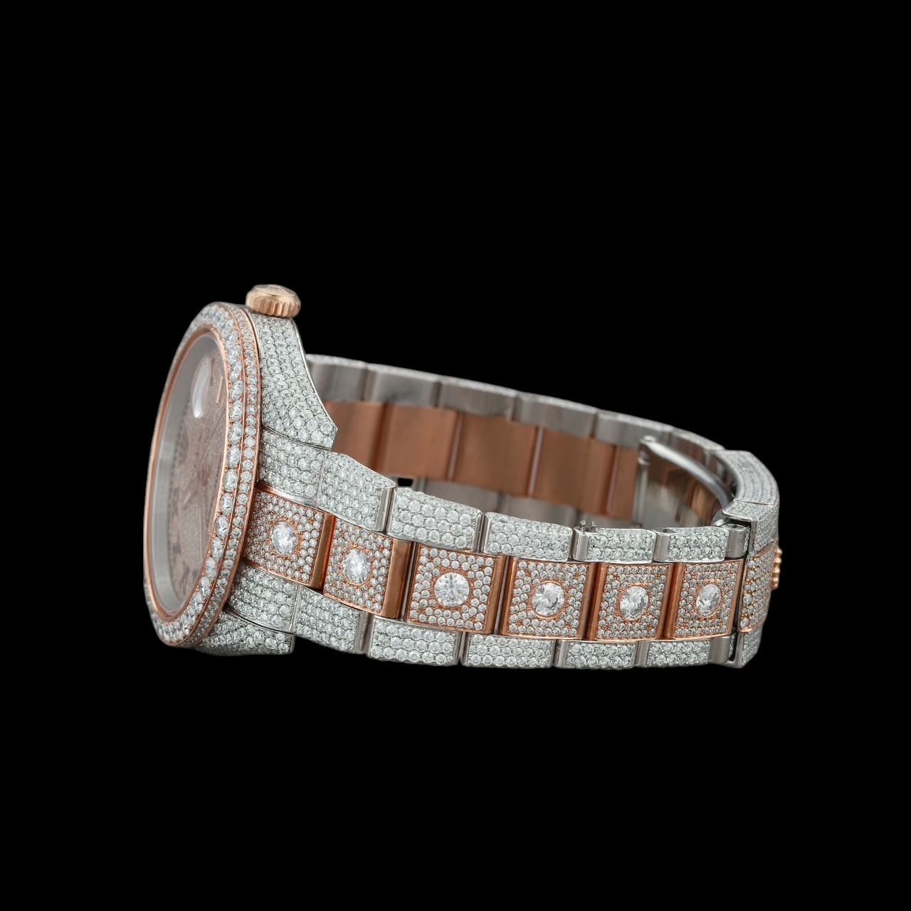 Rose Gold Dial Black Roman Round-Cut Moissanite Watch