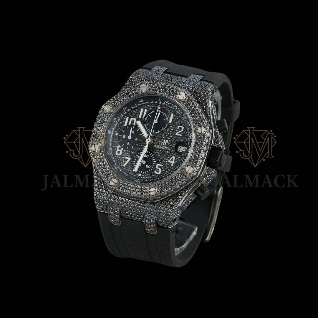 Black Half Iced Moissanite Chronograph Watch with Black Strap