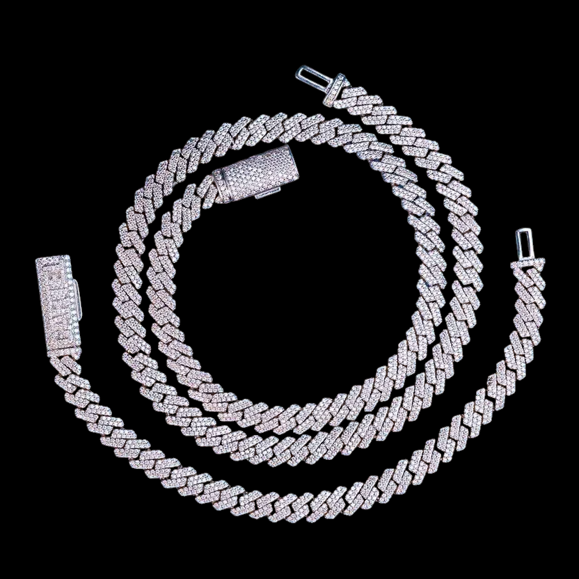 8MM VVS1 D Color Moissanite Cuban Link Chain & Bracelet Set 925 Sterling Silver