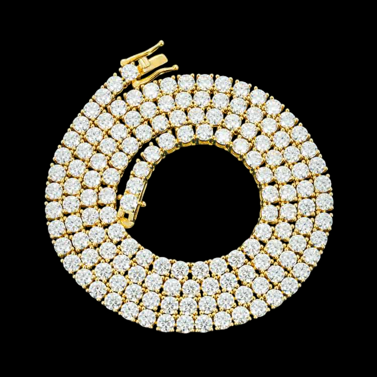 4MM Round Cut VVS Moissanite Tennis Chain Yellow Gold Plated 925 Sterling Silver