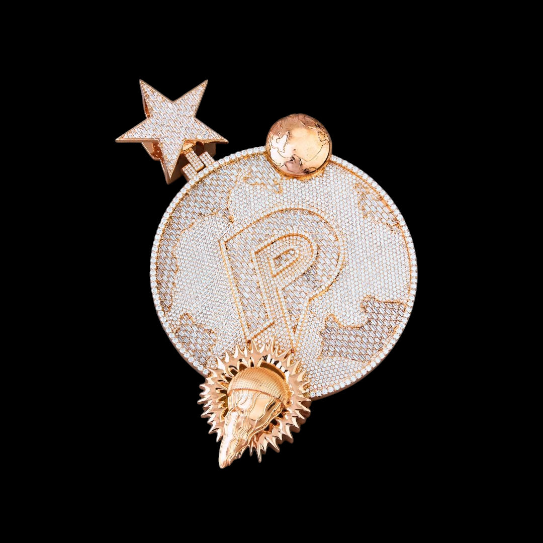 Gold P Initial World Map Moissanite Medallion Fully Iced Out