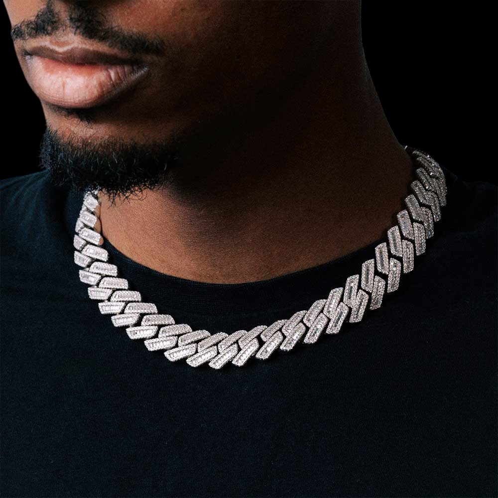 16MM Baguette Pave Cuban Link VVS1 D Color Moissanite Chain 925 Sterling Silver