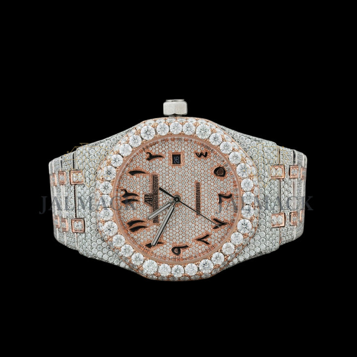 Rose Gold Dial Arabic Letter Round-Cut Moissanite Watch
