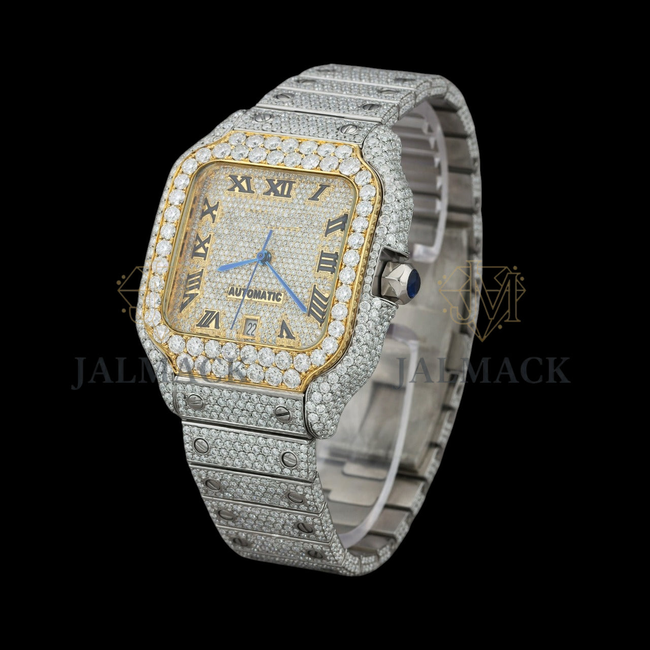 Gold Dial Roman Letter Round-Cut Moissanite Watch