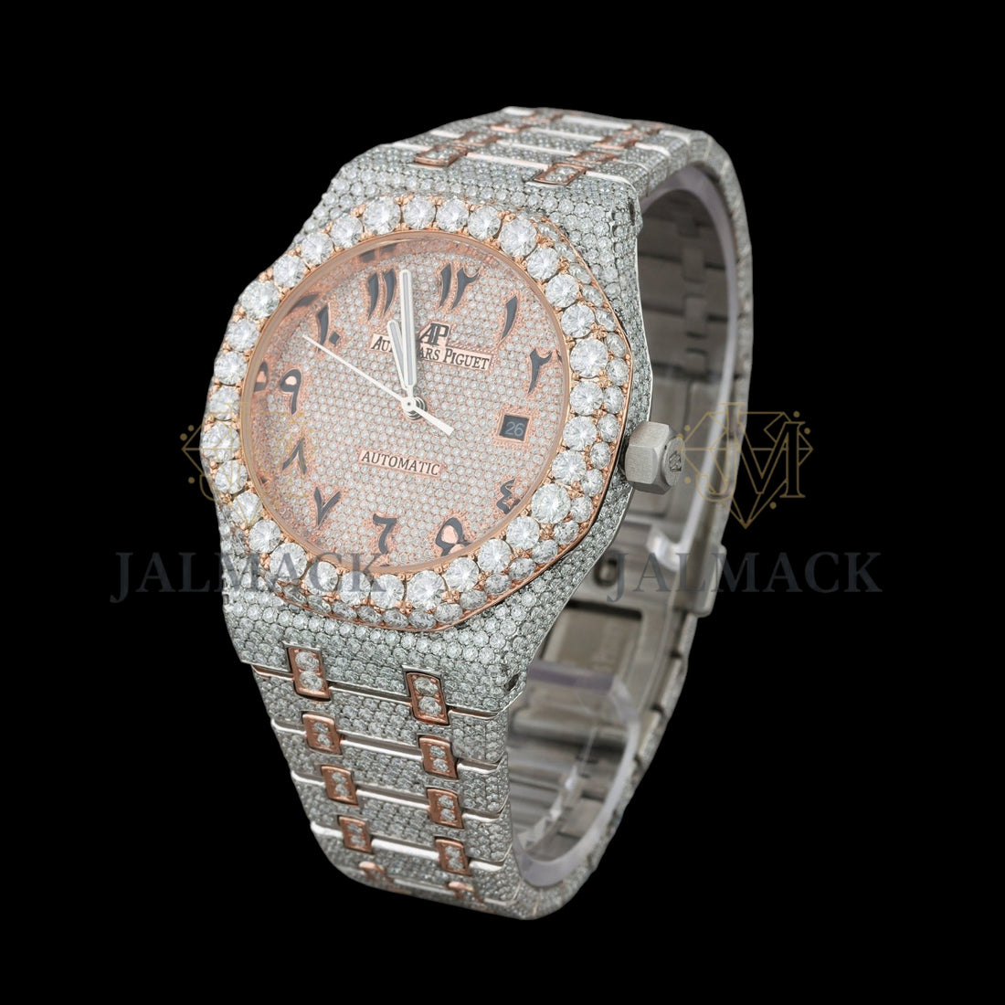 Rose Gold Dial Arabic Letter Round-Cut Moissanite Watch