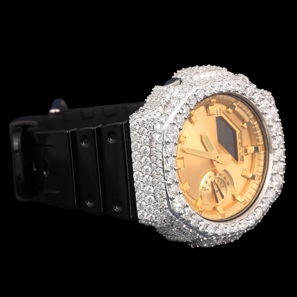 Golden Crown Black Band G-Shock VVS Moissanite Watch