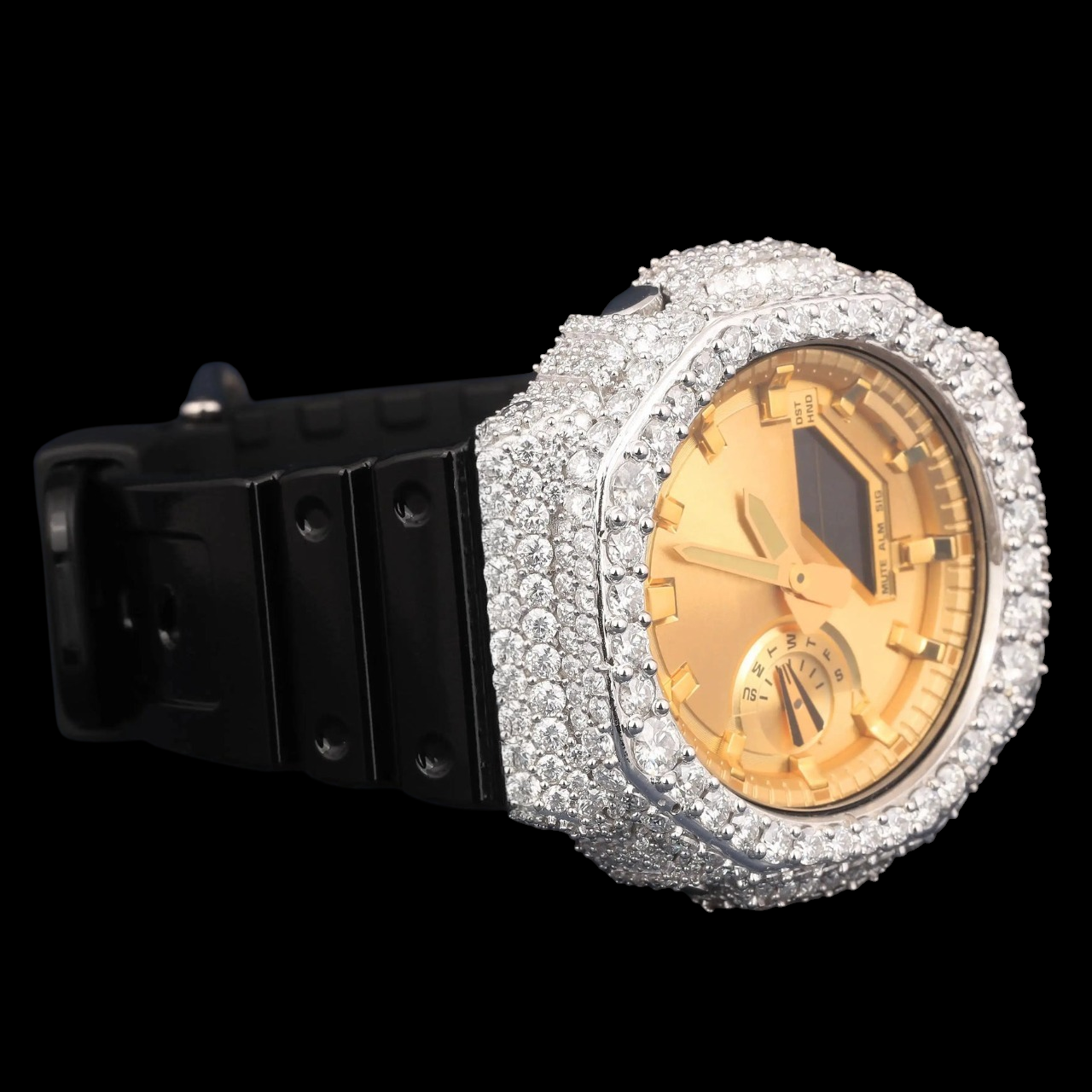 Golden Crown Black Band G-Shock VVS Moissanite Watch