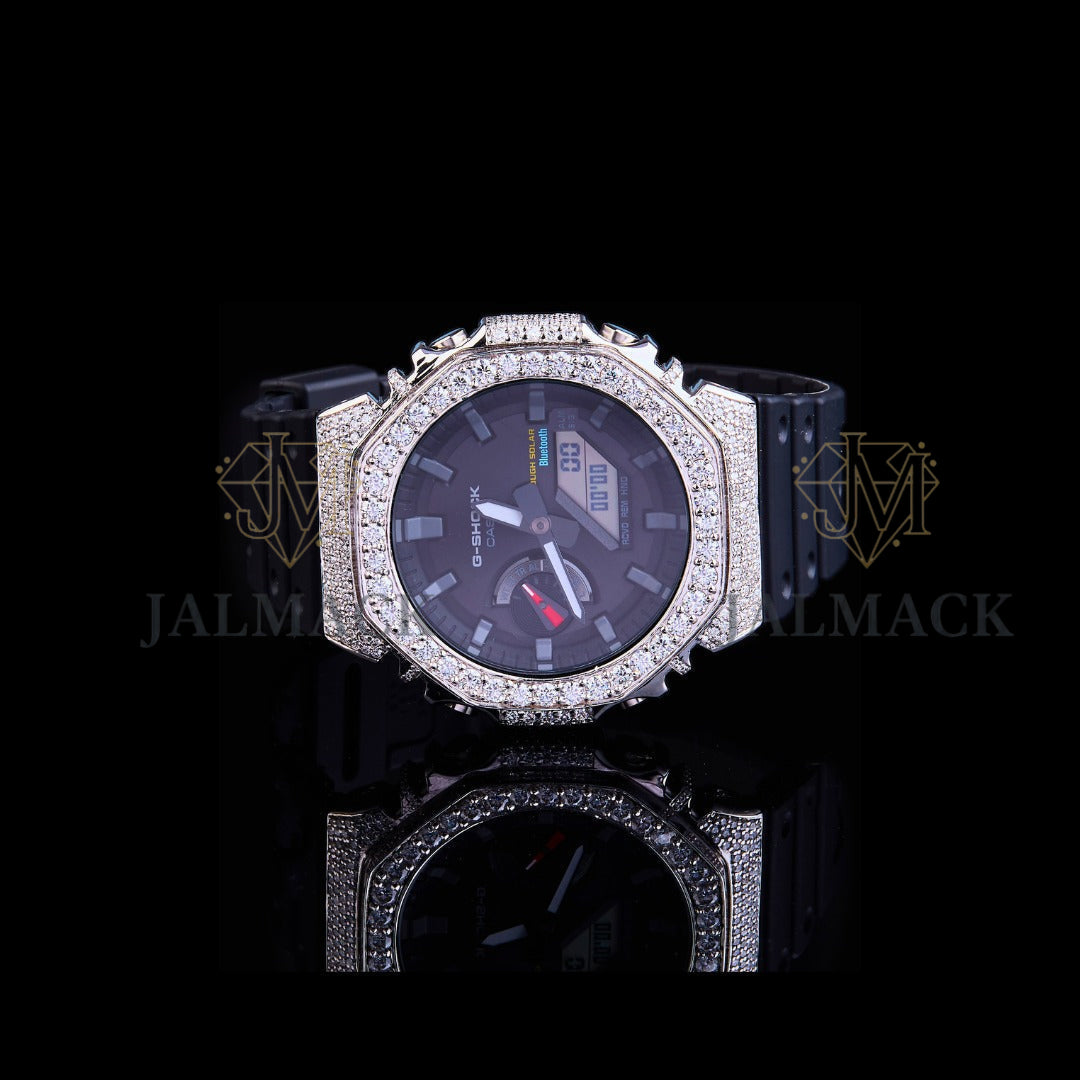 Black Dial Baton Marker Round-Cut Moissanite Analog-Digital Watch