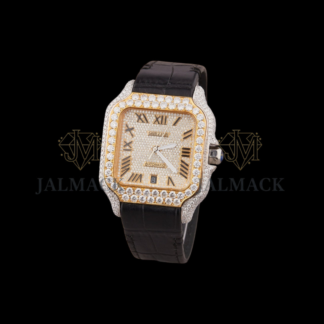 Gold Dial Roman Letter Round-Cut Moissanite Leather Watch