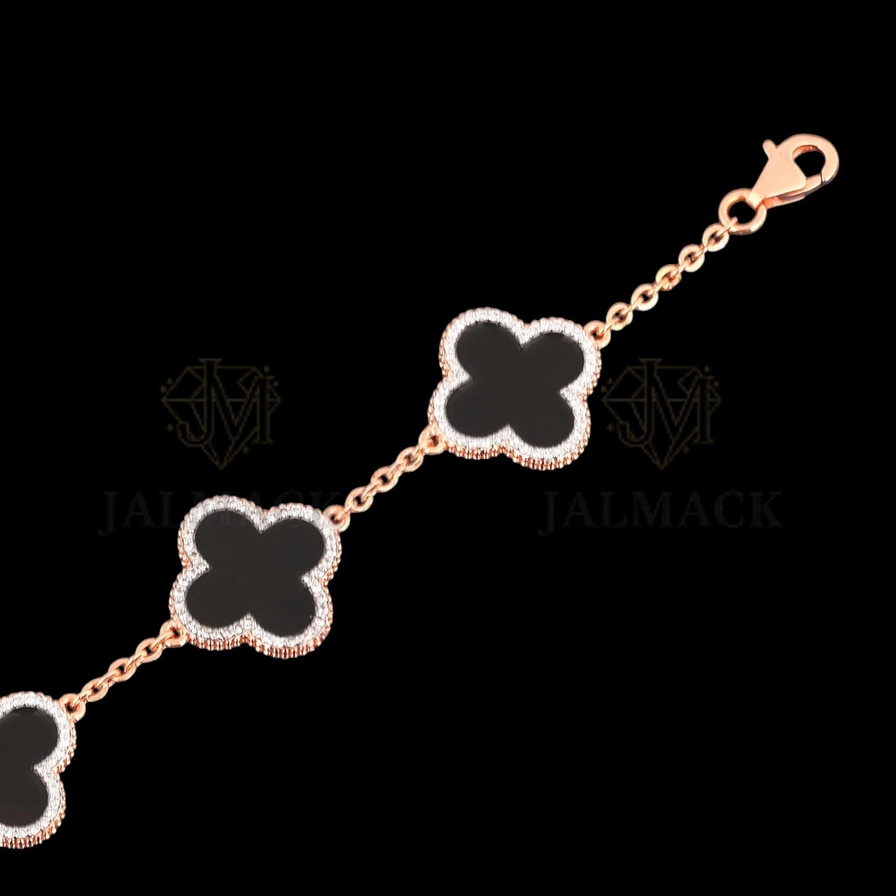 Black Onyx Clover Moissanite Bracelet Rose Gold 925 Silver