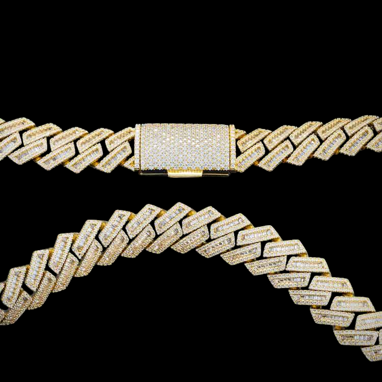 15MM Yellow Gold Baguette Pave Cuban Link VVS1 Moissanite Chain 925 Sterling Silver