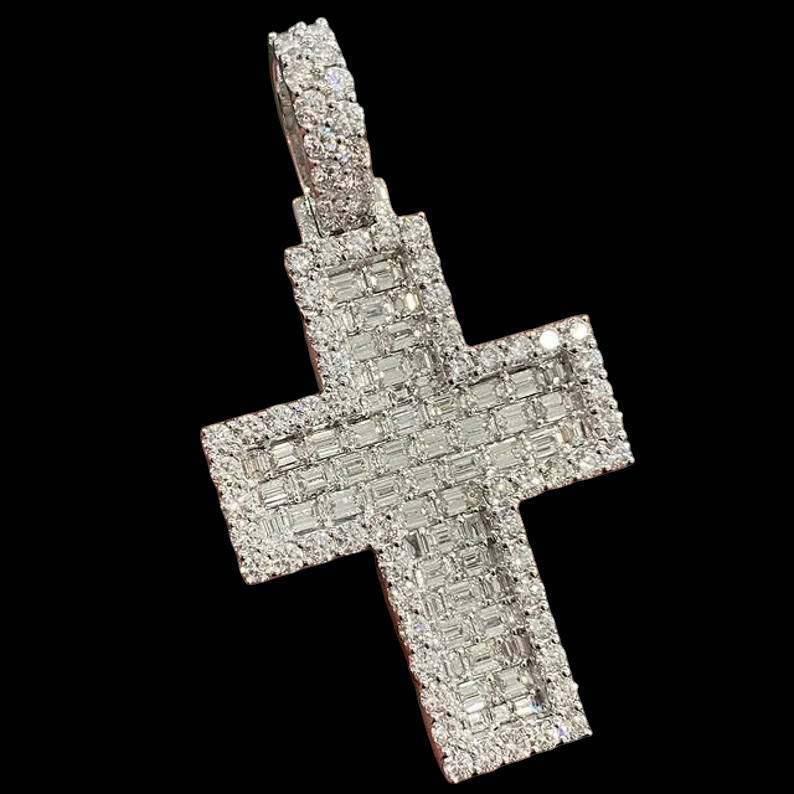 Baguette & Round Diamond Cross Iced Out 925 Sterling Silver Pendant, Hip Hop Diamond Pendant Jewelry Gift for Her